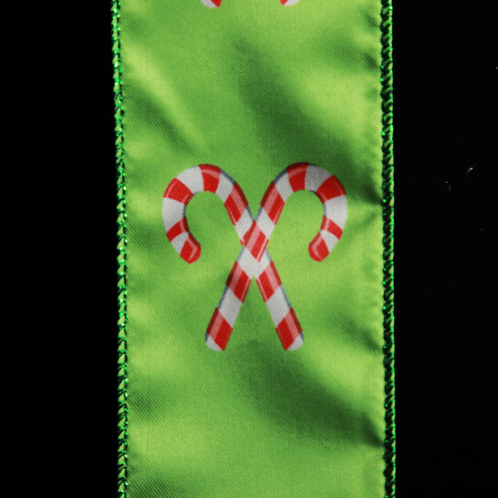 Green with Printed Candy Canes Wired Christmas Ribbon