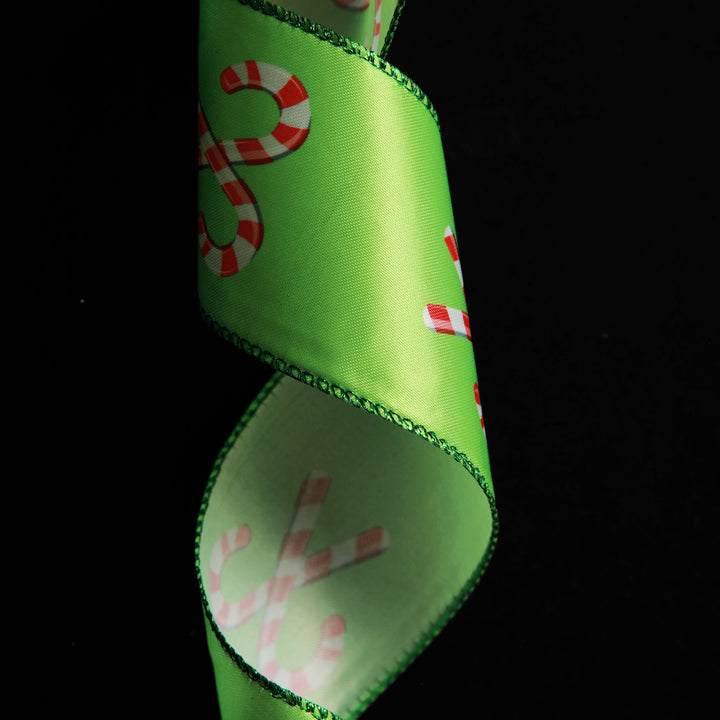 Green with Printed Candy Canes Wired Christmas Ribbon