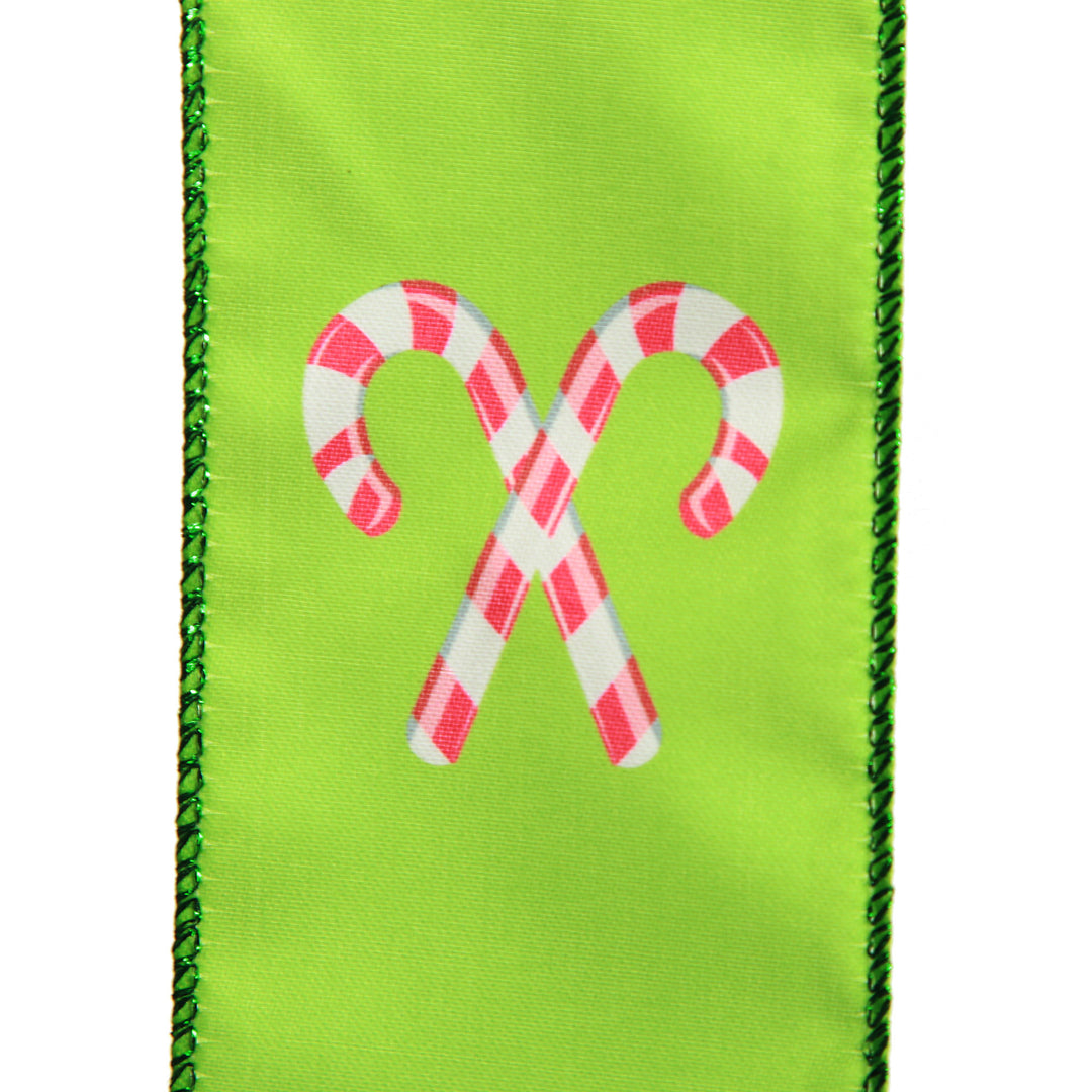 Green with Printed Candy Canes Wired Christmas Ribbon