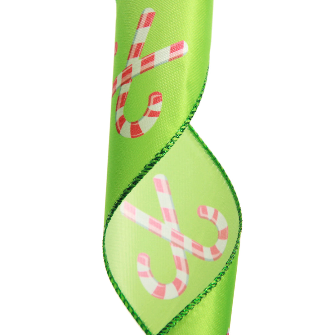 Green with Printed Candy Canes Wired Christmas Ribbon