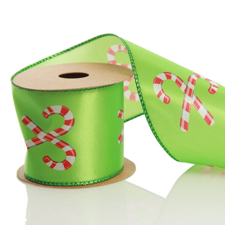 Green with Printed Candy Canes Wired Christmas Ribbon
