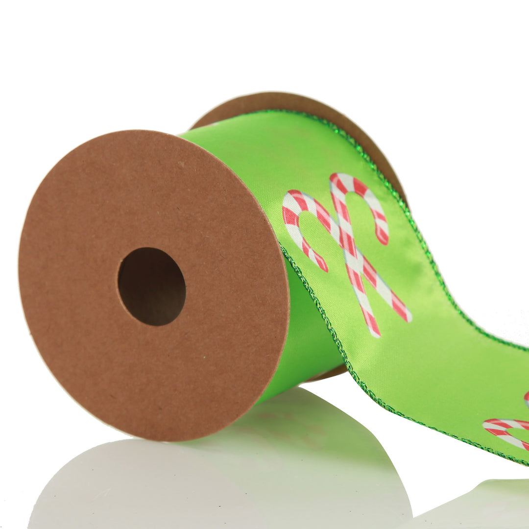 Green with Printed Candy Canes Wired Christmas Ribbon