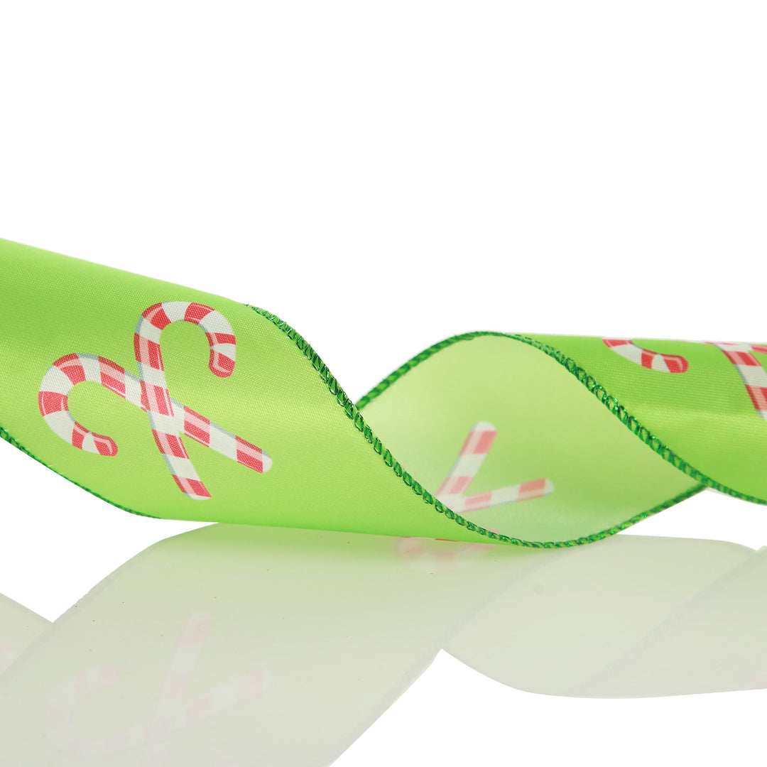 Green with Printed Candy Canes Wired Christmas Ribbon