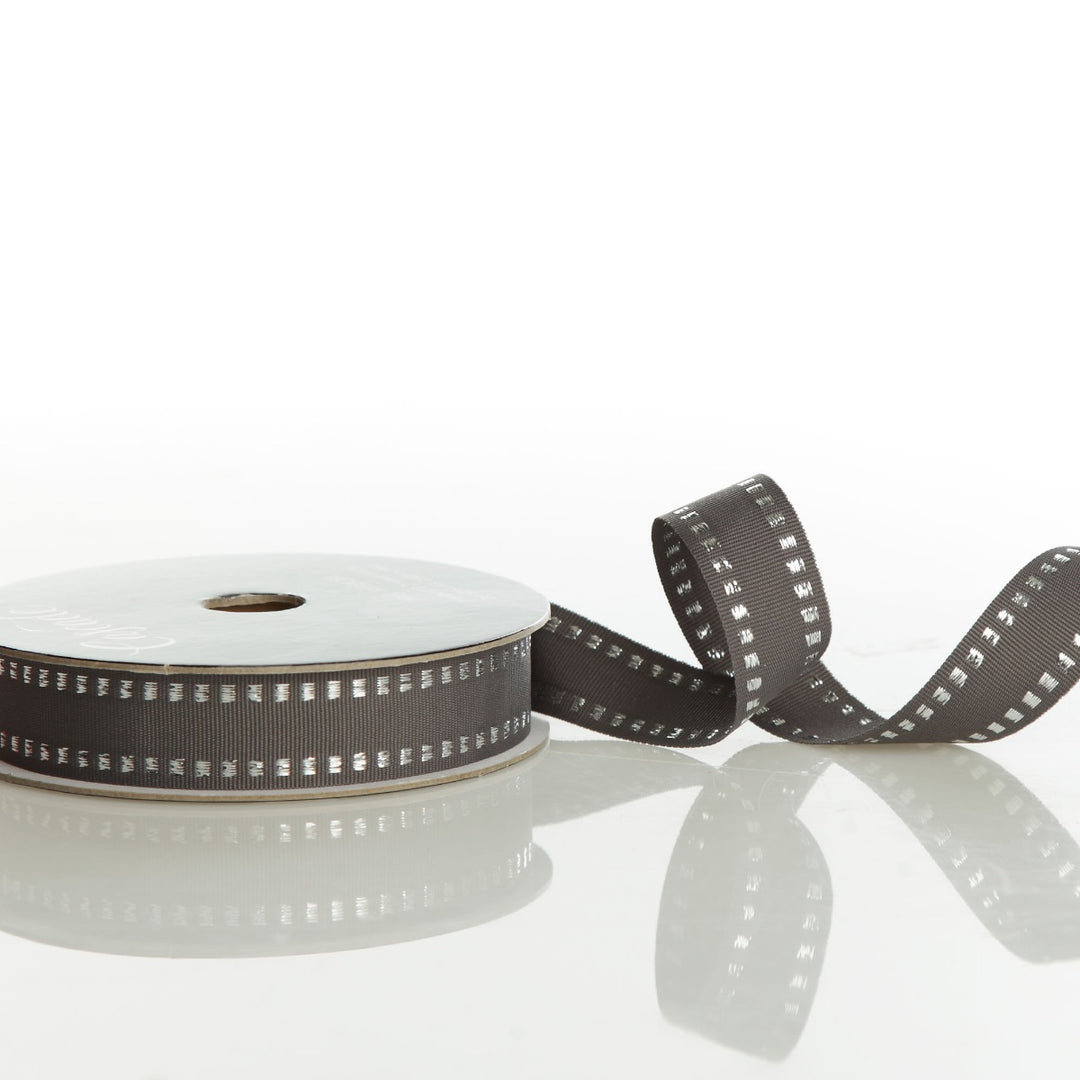 Grey &amp; Silver Grossgrain Square Edge Wired Ribbon - 2.2cm