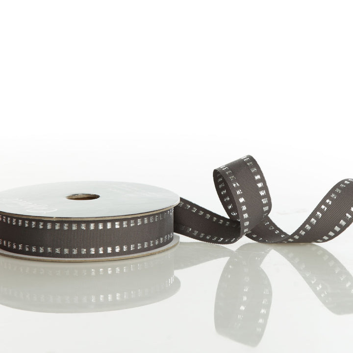 Grey &amp; Silver Grossgrain Square Edge Wired Ribbon - 2.2cm