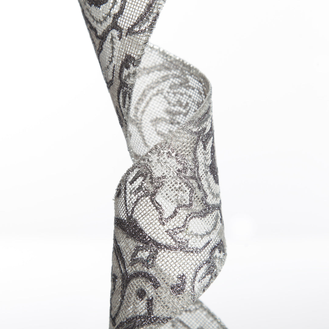 Grey Linen with Silver Glitter Floral Pattern Ribbon