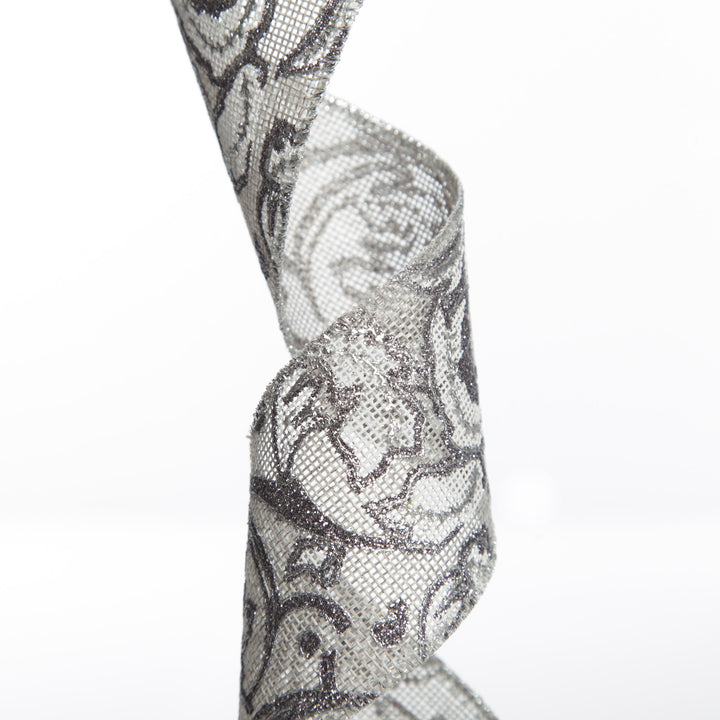 Grey Linen with Silver Glitter Floral Pattern Ribbon