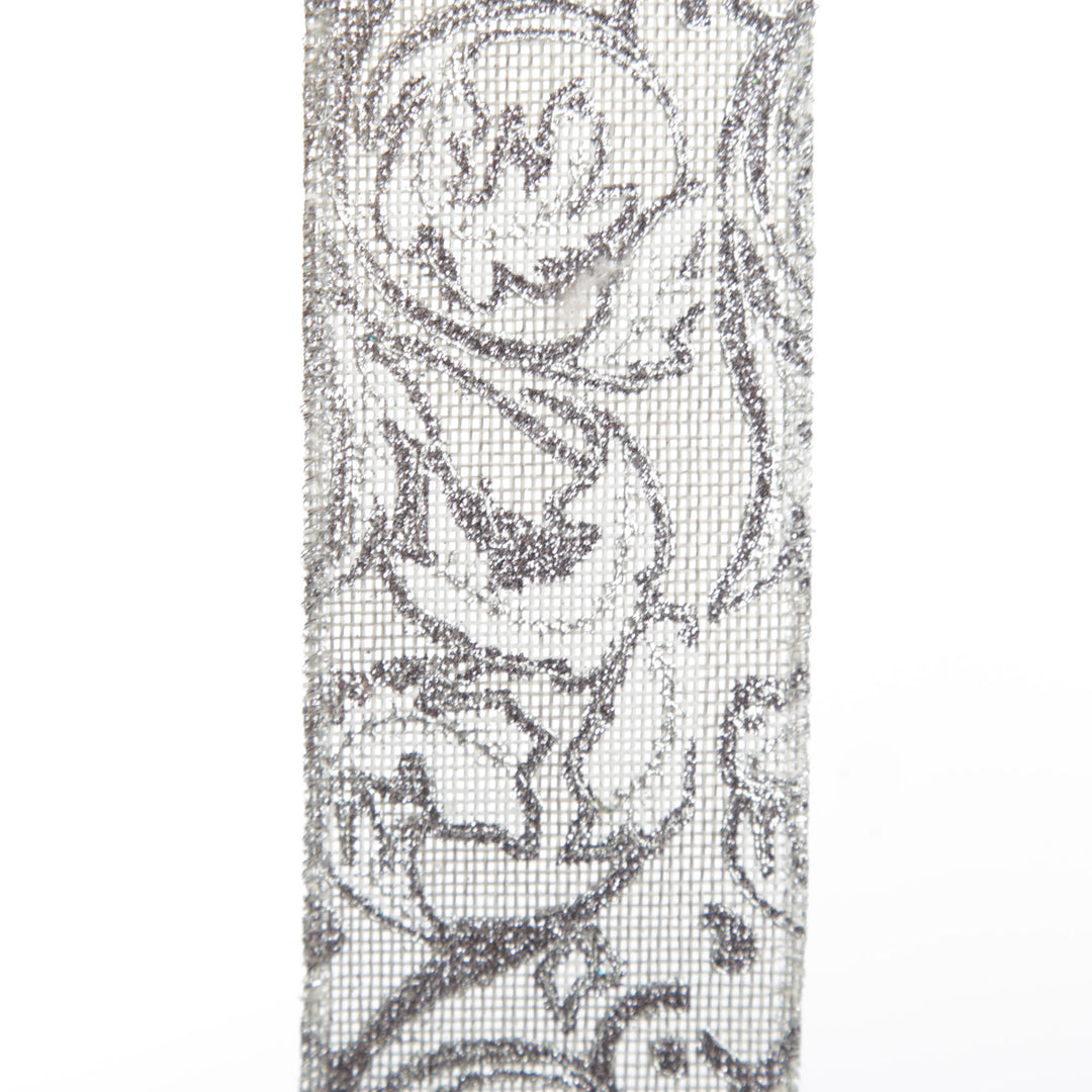 Grey Linen with Silver Glitter Floral Pattern Ribbon
