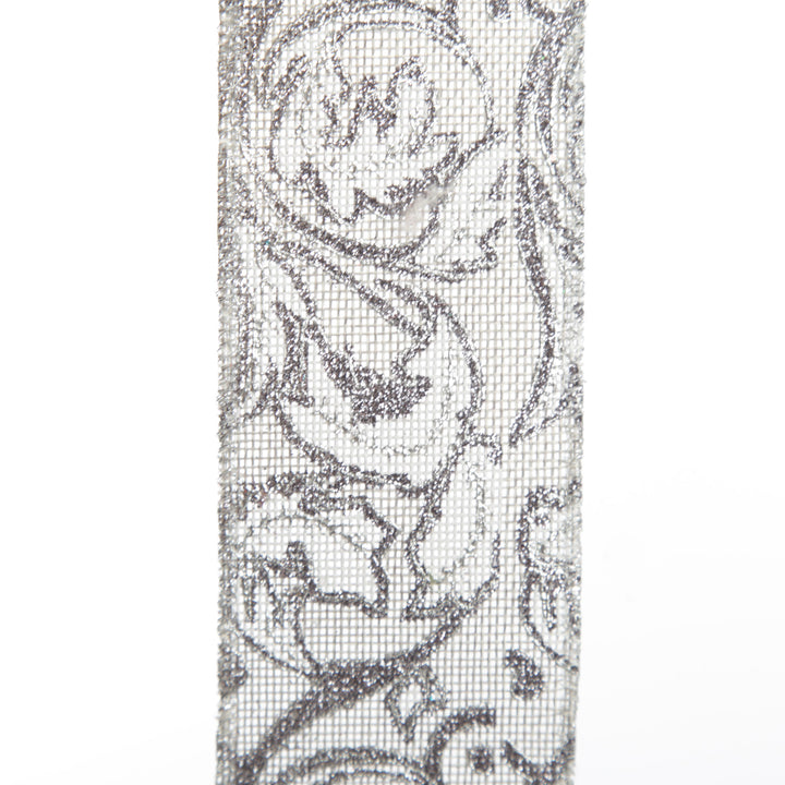 Grey Linen with Silver Glitter Floral Pattern Ribbon