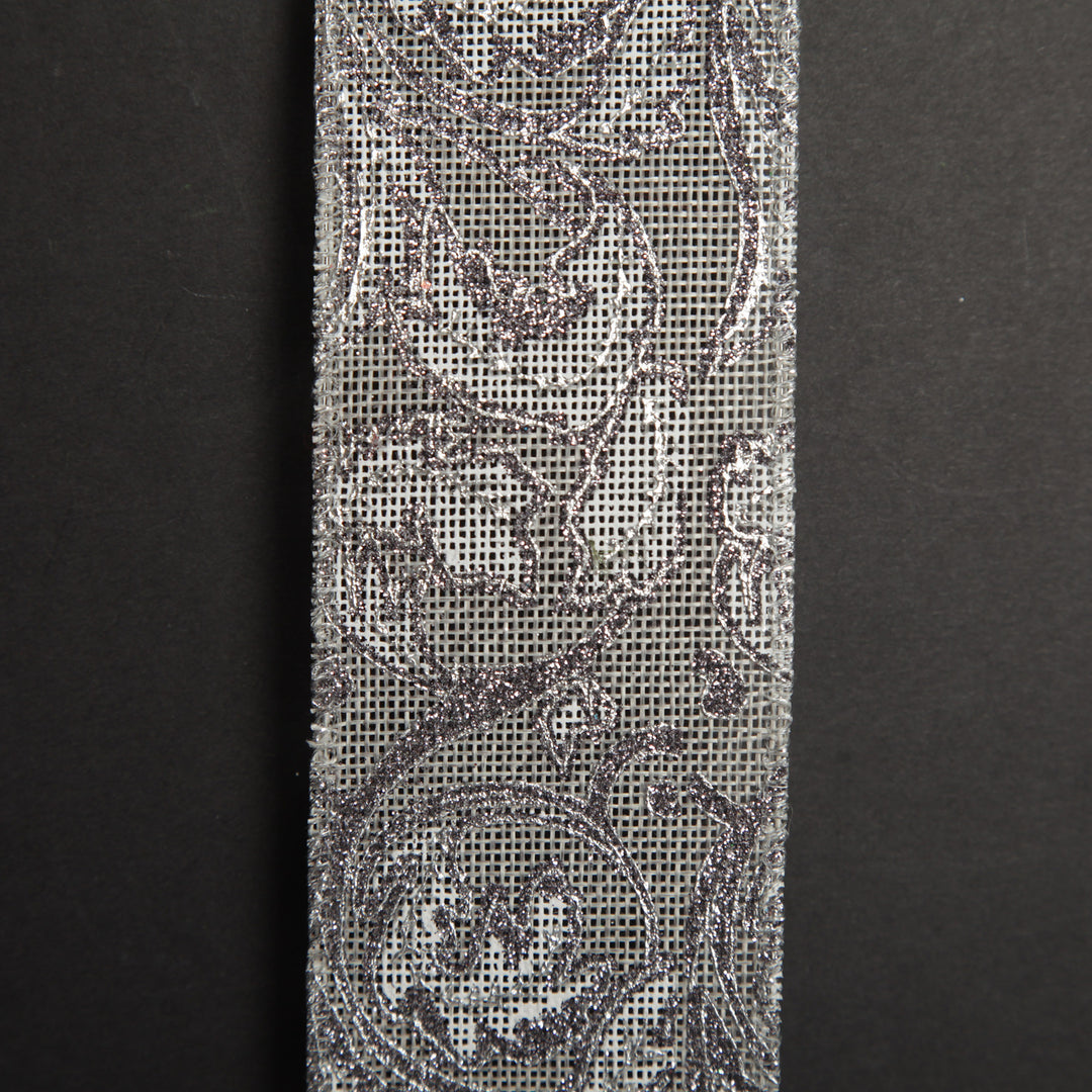 Grey Linen with Silver Glitter Floral Pattern Ribbon