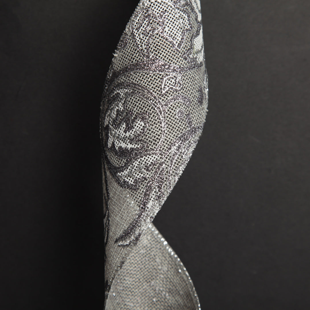 Grey Linen with Silver Glitter Floral Pattern Ribbon