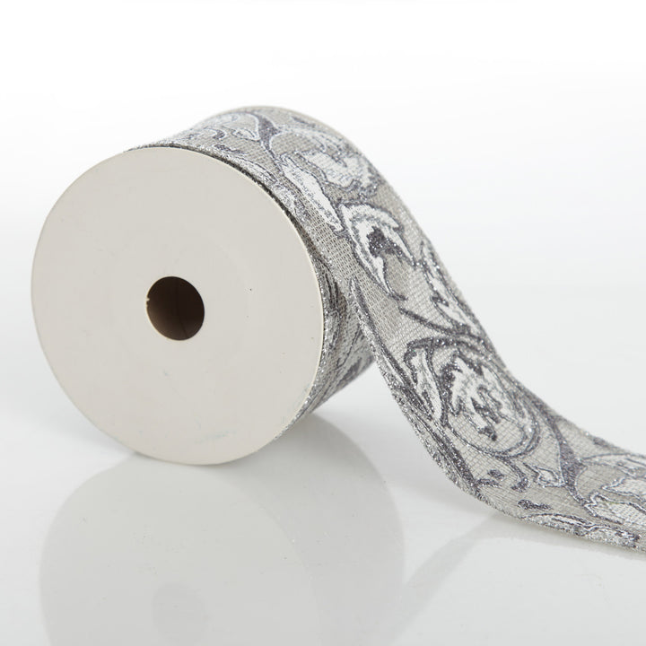 Grey Linen with Silver Glitter Floral Pattern Ribbon
