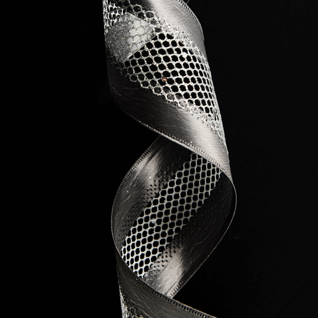 Gunmetal Grey Mesh with Satin Edge Wired Christmas Ribbon