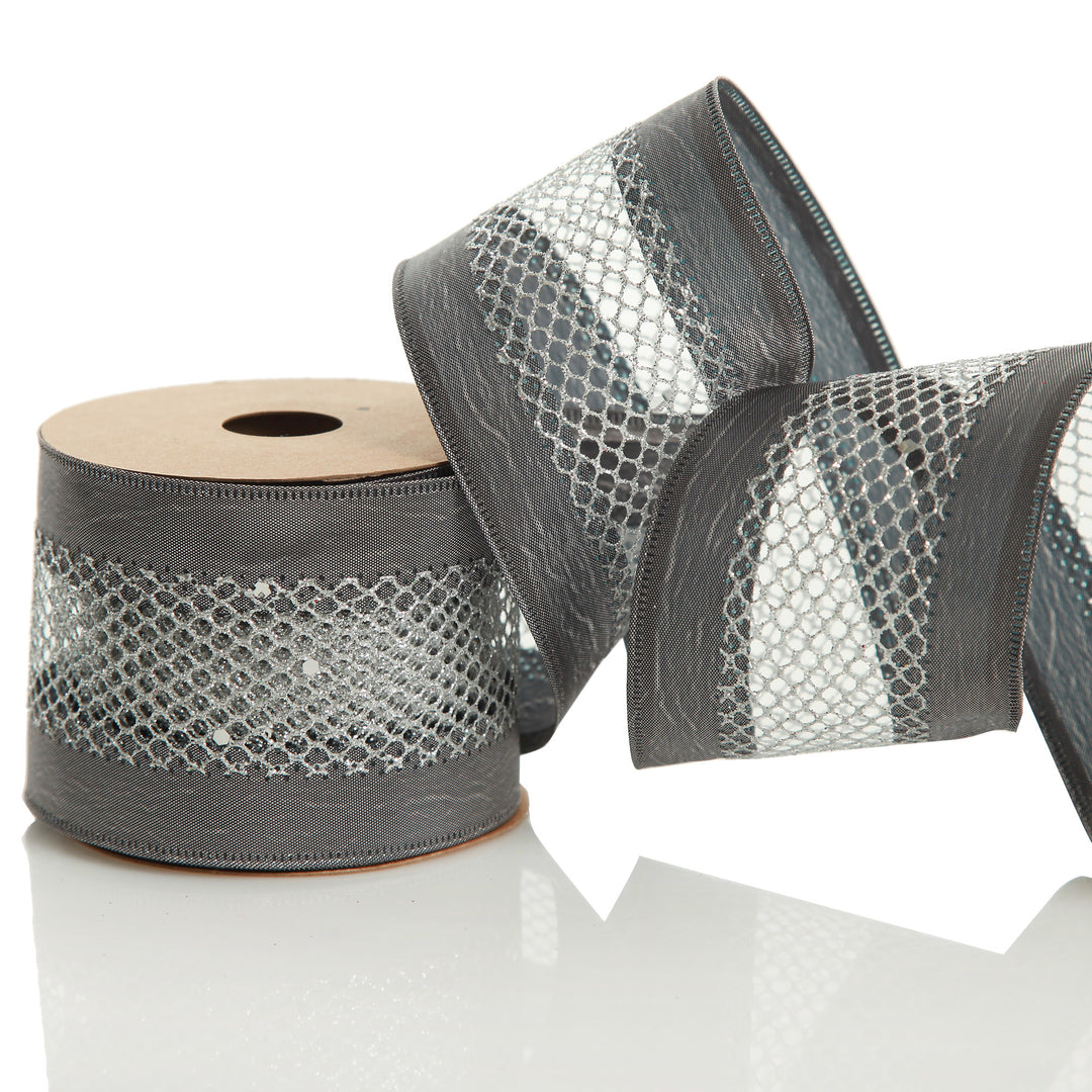Gunmetal Grey Mesh with Satin Edge Wired Christmas Ribbon