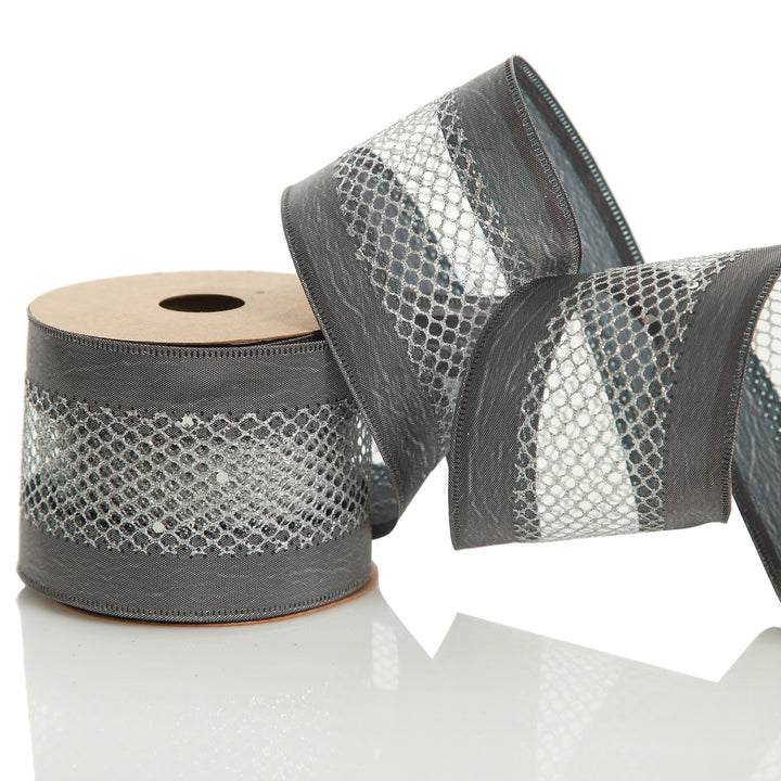 Gunmetal Grey Mesh with Satin Edge Wired Christmas Ribbon