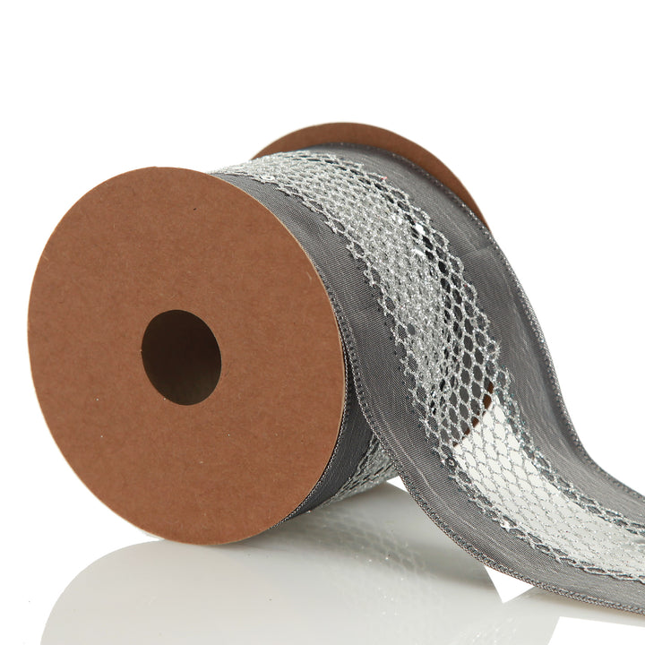 Gunmetal Grey Mesh with Satin Edge Wired Christmas Ribbon
