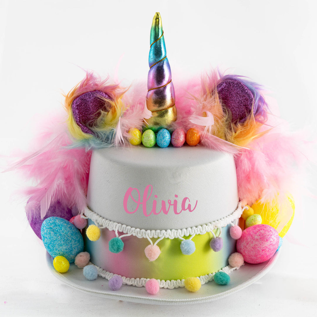 Handmade Pastel Rainbow Unicorn Eatser Hat personalised with a name