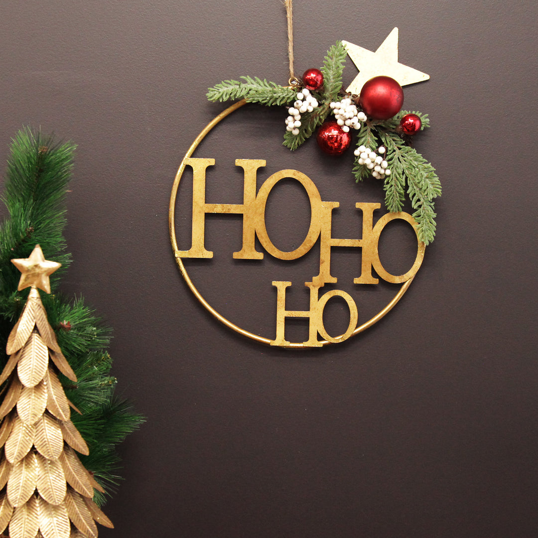 Ho Ho Ho Metal Hoop with Florals (37cm Dia)
