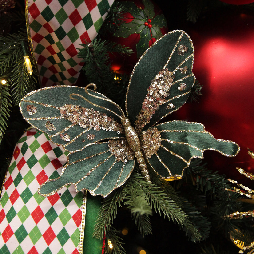 Green Velour and Glitter Butterfly Clip