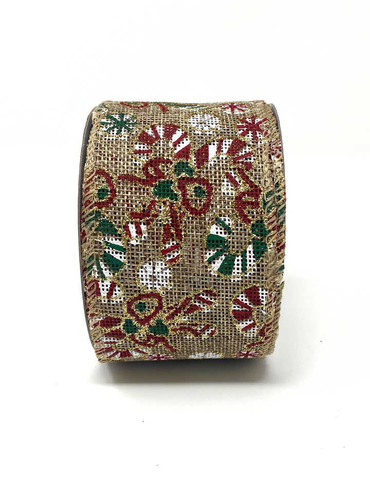 Candy Cane Hessian Ribbon with Wired Edge - 6.3cm 