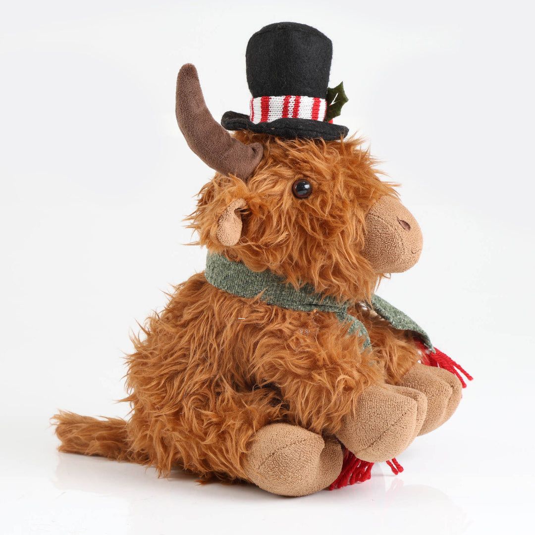 Highland Cow Christmas Plush Sitting with Black Hat and Scarf - 30cm