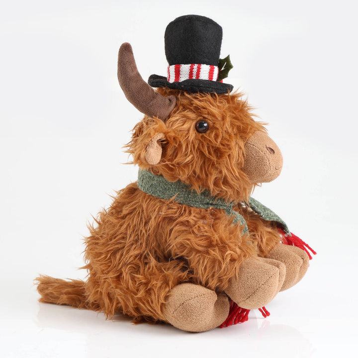 Highland Cow Christmas Plush Sitting with Black Hat and Scarf - 30cm