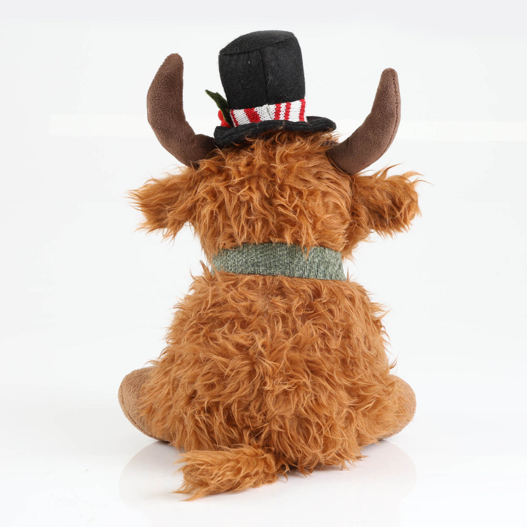 Highland Cow Christmas Plush Sitting with Black Hat and Scarf - 30cm