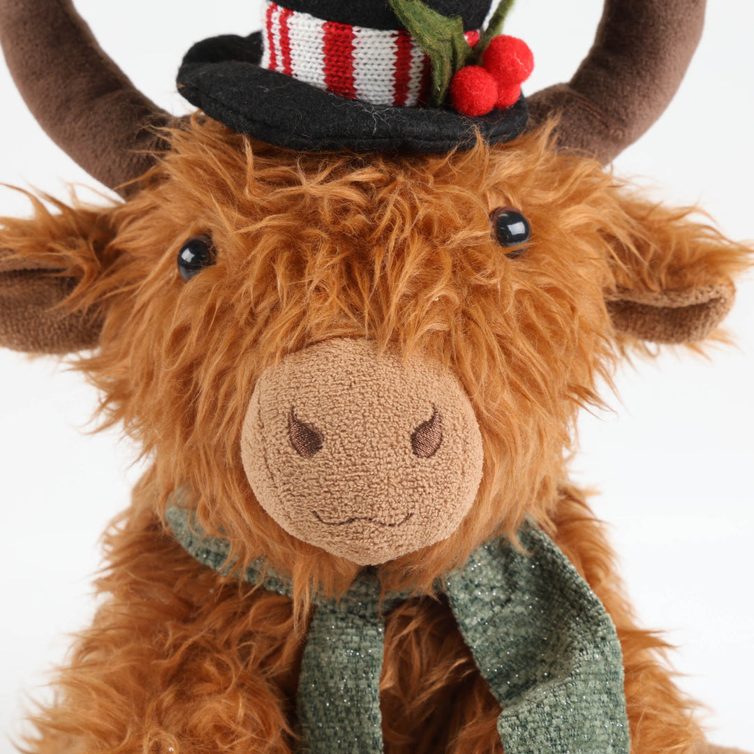Highland Cow Christmas Plush Sitting with Black Hat and Scarf - 30cm