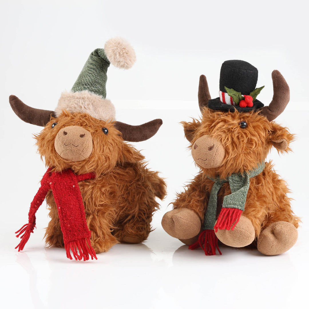 Highland Cow Christmas Plush Sitting with Black Hat and Scarf - 30cm