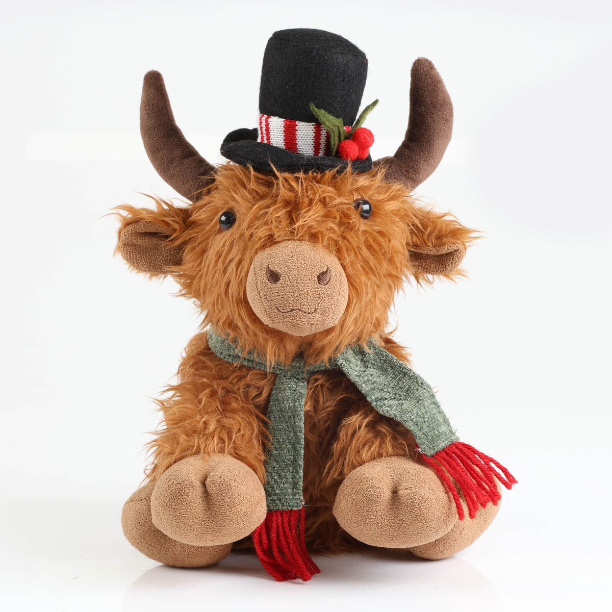 Highland Cow Christmas Plush Sitting with Black Hat and Scarf - 30cm