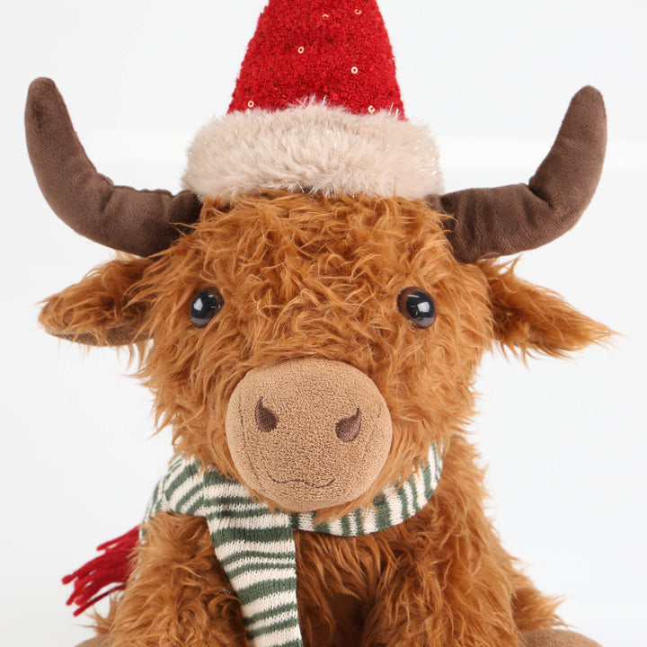Highland Cow Christmas Plush Sitting with Red Hat and Scarf -48cm