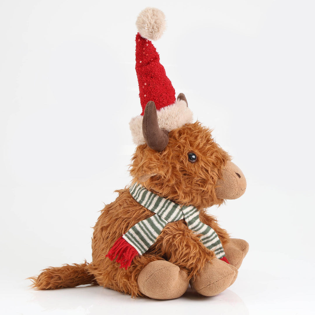 Highland Cow Christmas Plush Sitting with Red Hat and Scarf -48cm