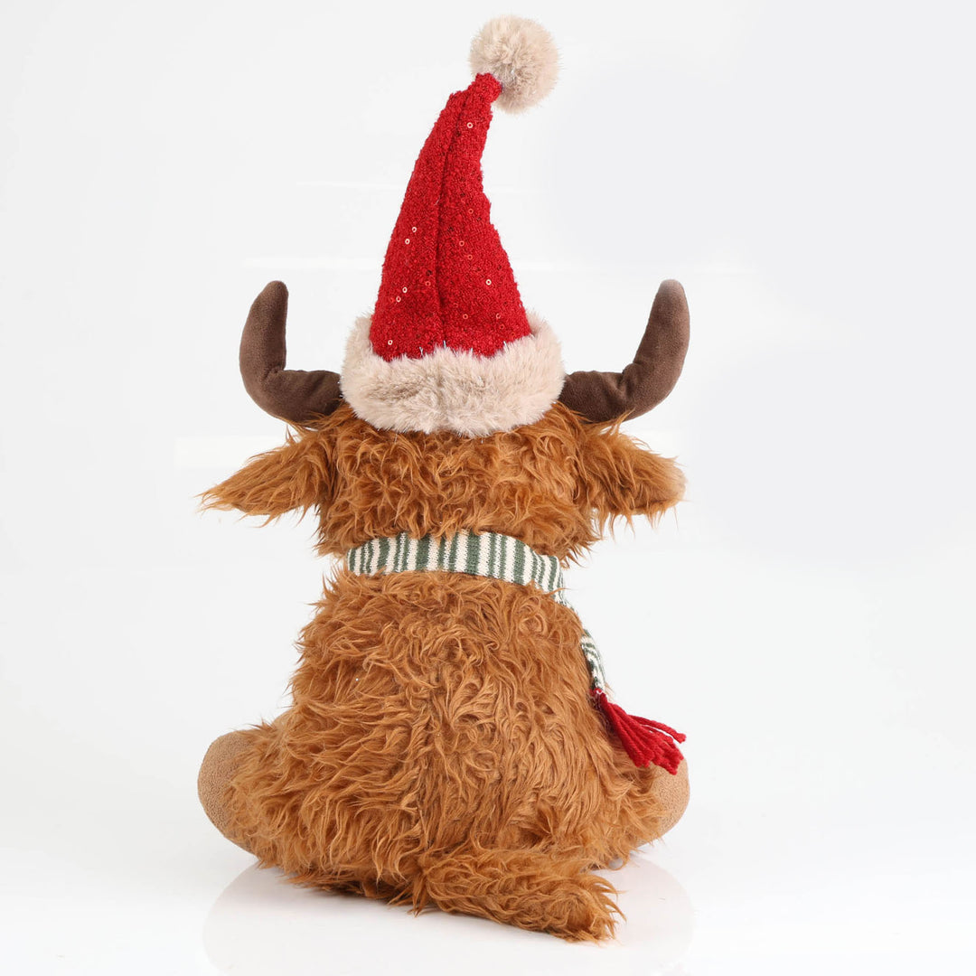 Highland Cow Christmas Plush Sitting with Red Hat and Scarf -48cm