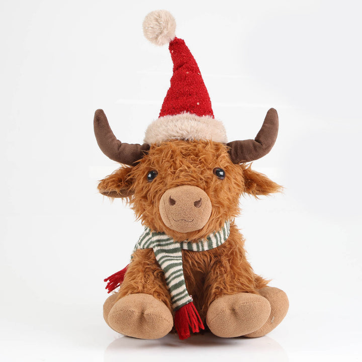 Highland Cow Christmas Plush Sitting with Red Hat and Scarf -48cm
