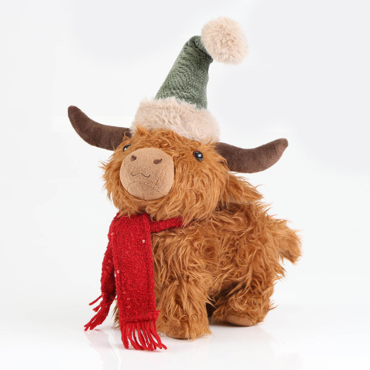 Highland Cow Christmas Plush Standing with Grey Hat and Scarf - 30cm