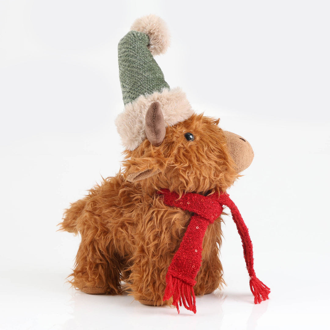 Highland Cow Christmas Plush Standing with Grey Hat and Scarf - 30cm