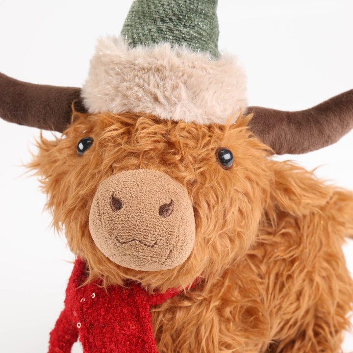 Highland Cow Christmas Plush Standing with Grey Hat and Scarf - 30cm