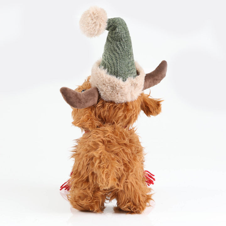 Highland Cow Christmas Plush Standing with Grey Hat and Scarf - 30cm