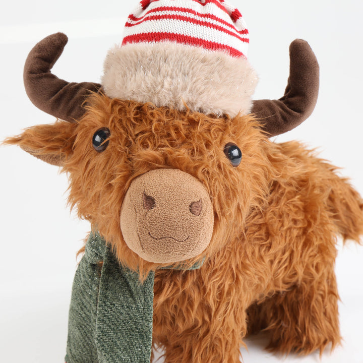 Highland Cow Christmas Plush Standing with Striped Hat and Scarf - 48cm