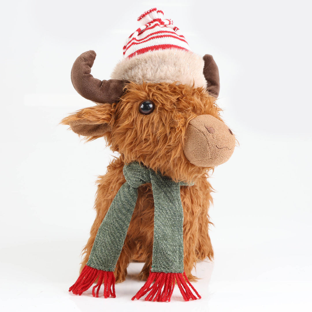 Highland Cow Christmas Plush Standing with Striped Hat and Scarf - 48cm