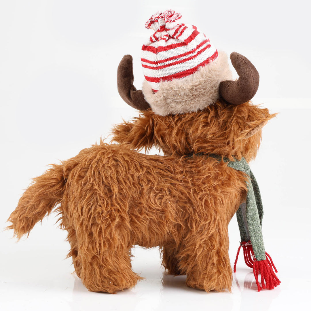 Highland Cow Christmas Plush Standing with Striped Hat and Scarf - 48cm