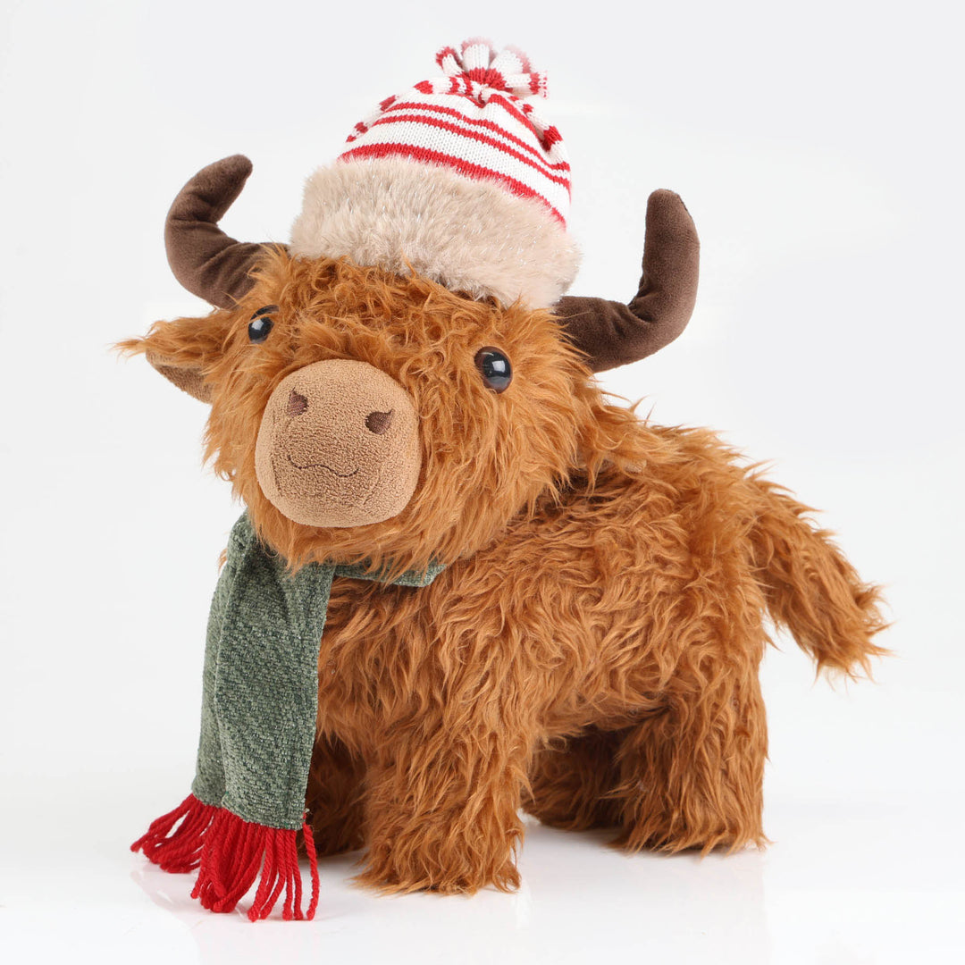 Highland Cow Christmas Plush Standing with Striped Hat and Scarf - 48cm