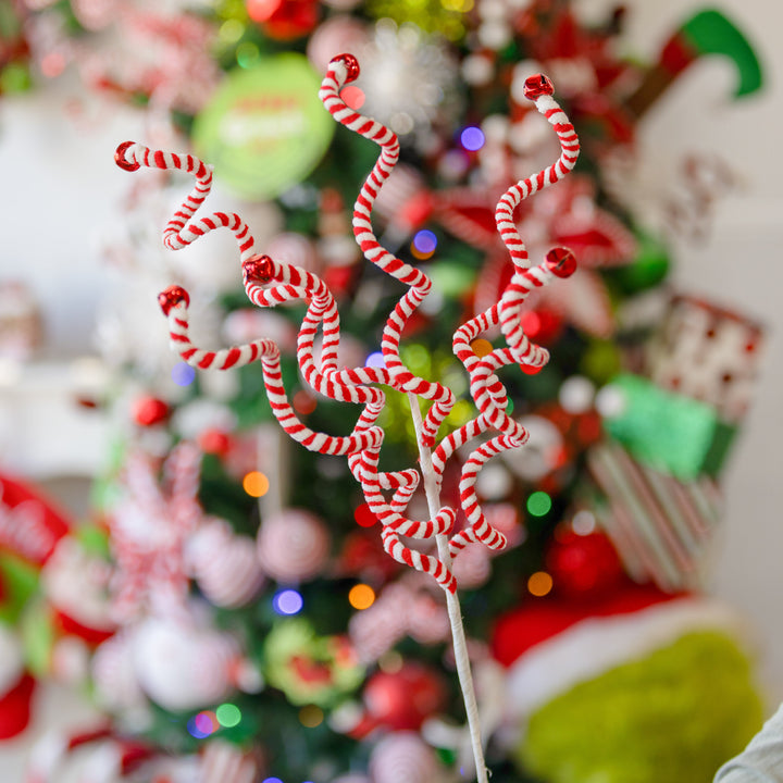 Red and White Striped Chenille Curly Christmas Pick
