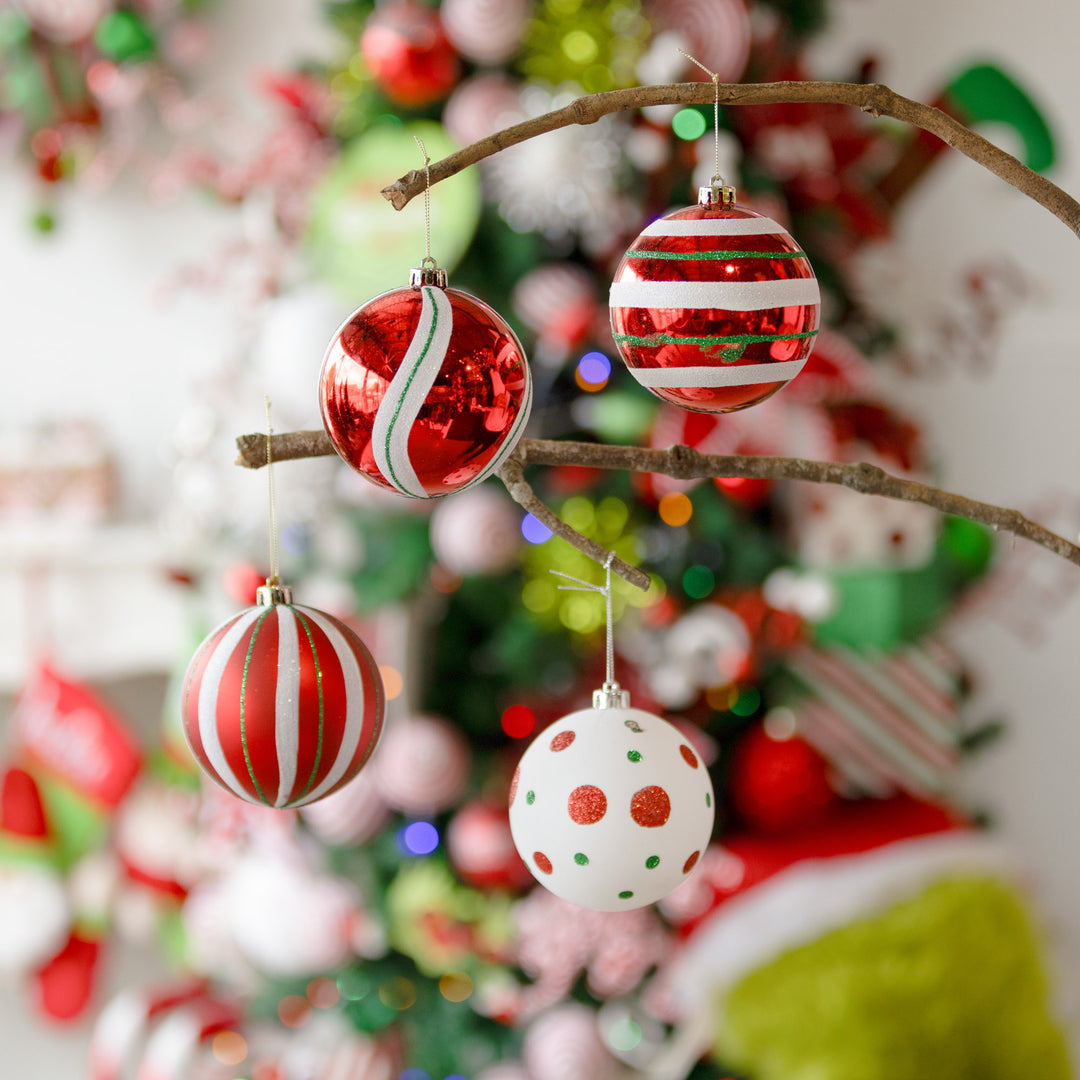 Candy Cane Dots and Stripes Christmas Baubles 10cm - Set of 4