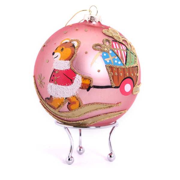 Pink Christmas Bear with Cart Christmas Bauble