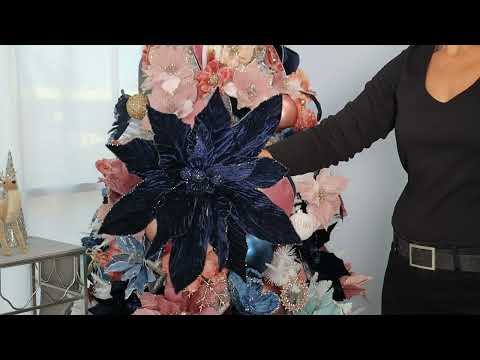 Large Blue Poinsettia Flower Stem with Glitter Trim