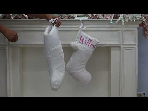 Personalised White Fur Christmas Stocking with Pom Poms