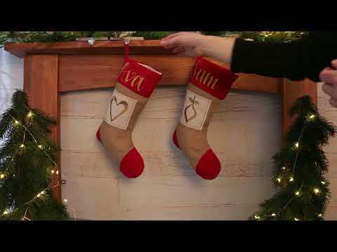 Personalised Burlap and Linen Heart Stocking with Red Trim