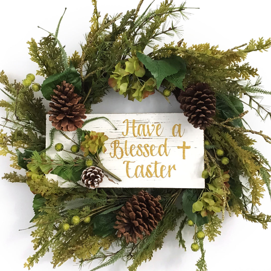 Personalised Hydrangea and Pinecones Blessed Easter Wreath