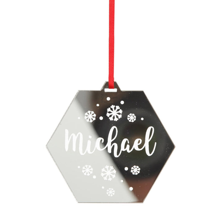 Personalised Etched Hexagon decoration with snowflake design and name